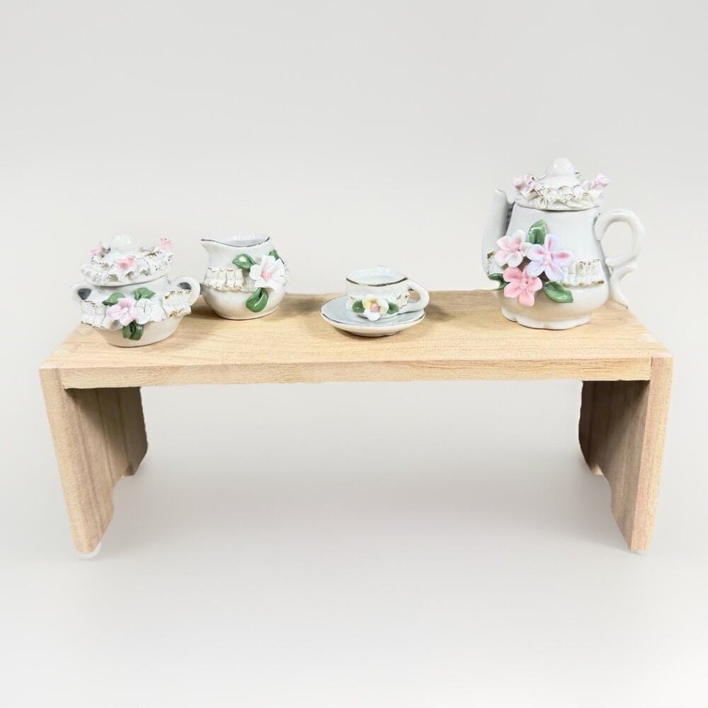 Mini Dollhouse Tea Set Ceramic Floral Gold Accents Decorative